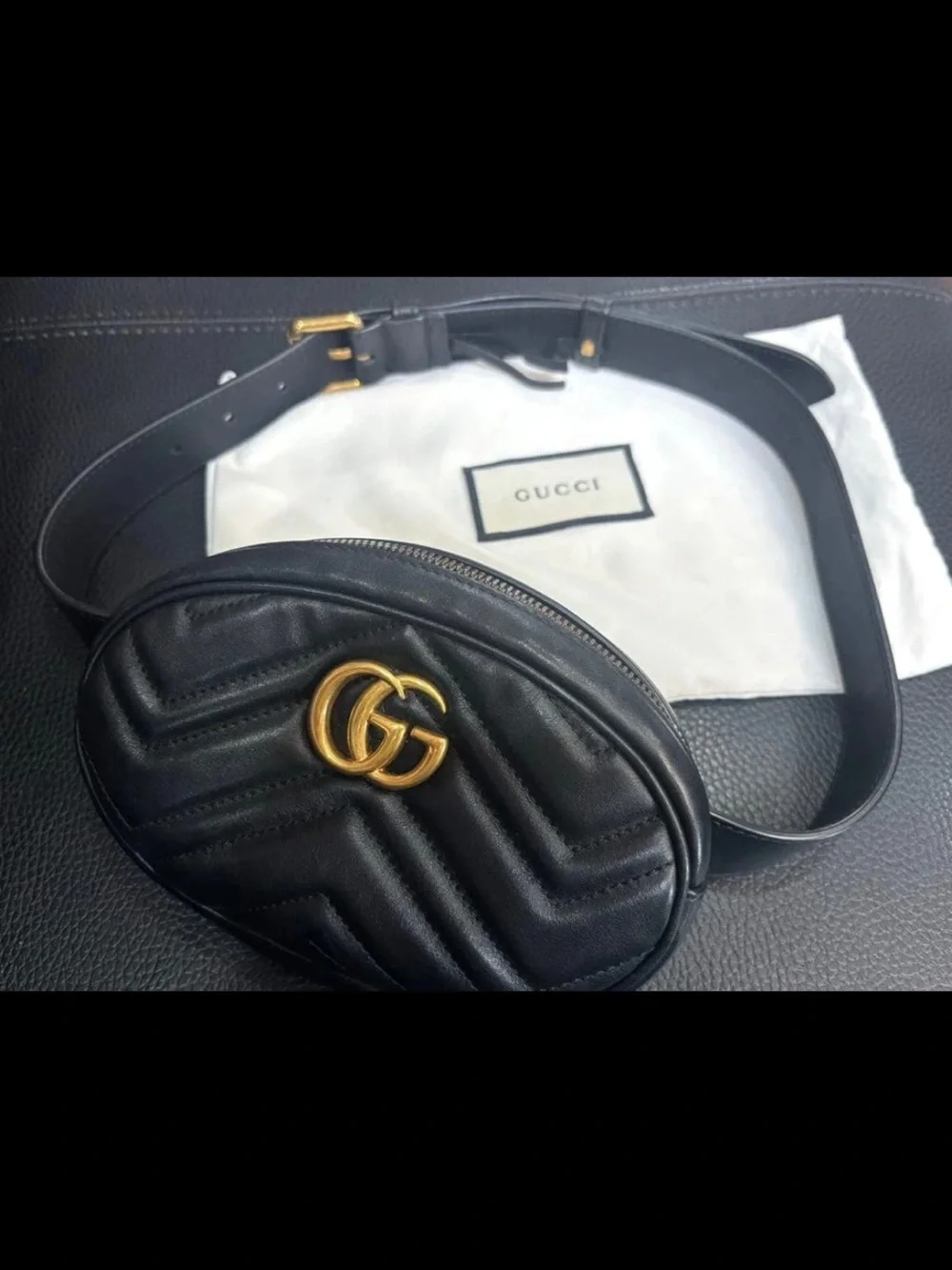 Gucci Black Chevron Quilted Leather Belt Bag with Gold GG